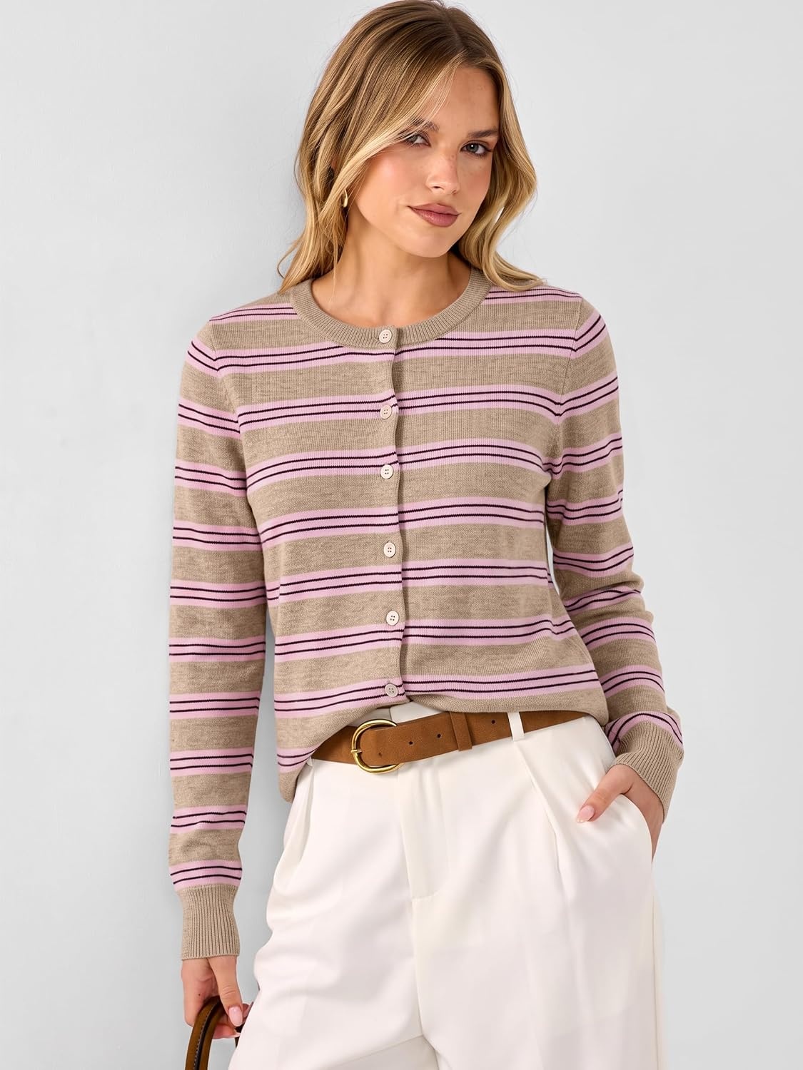 image:imageANRABESS Cardigan Sweaters for Women Lightweight Fall OutfitsApricot Beige Pink Stripe