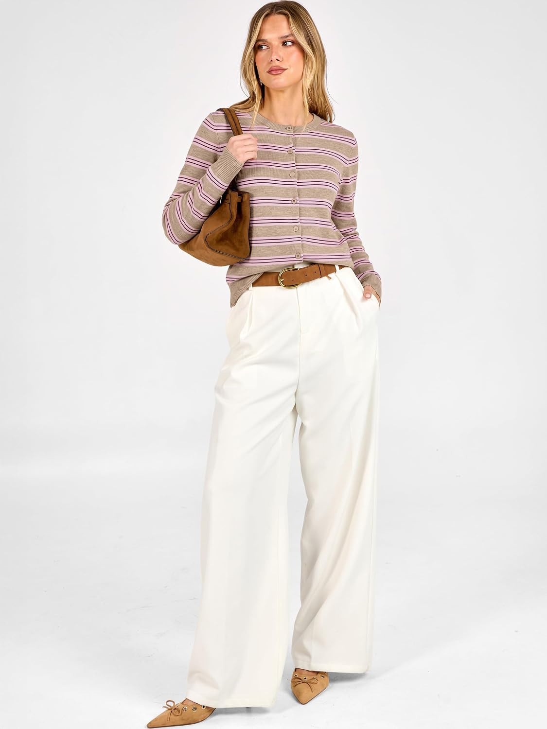 image:imageANRABESS Cardigan Sweaters for Women Lightweight Fall OutfitsApricot Beige Pink Stripe