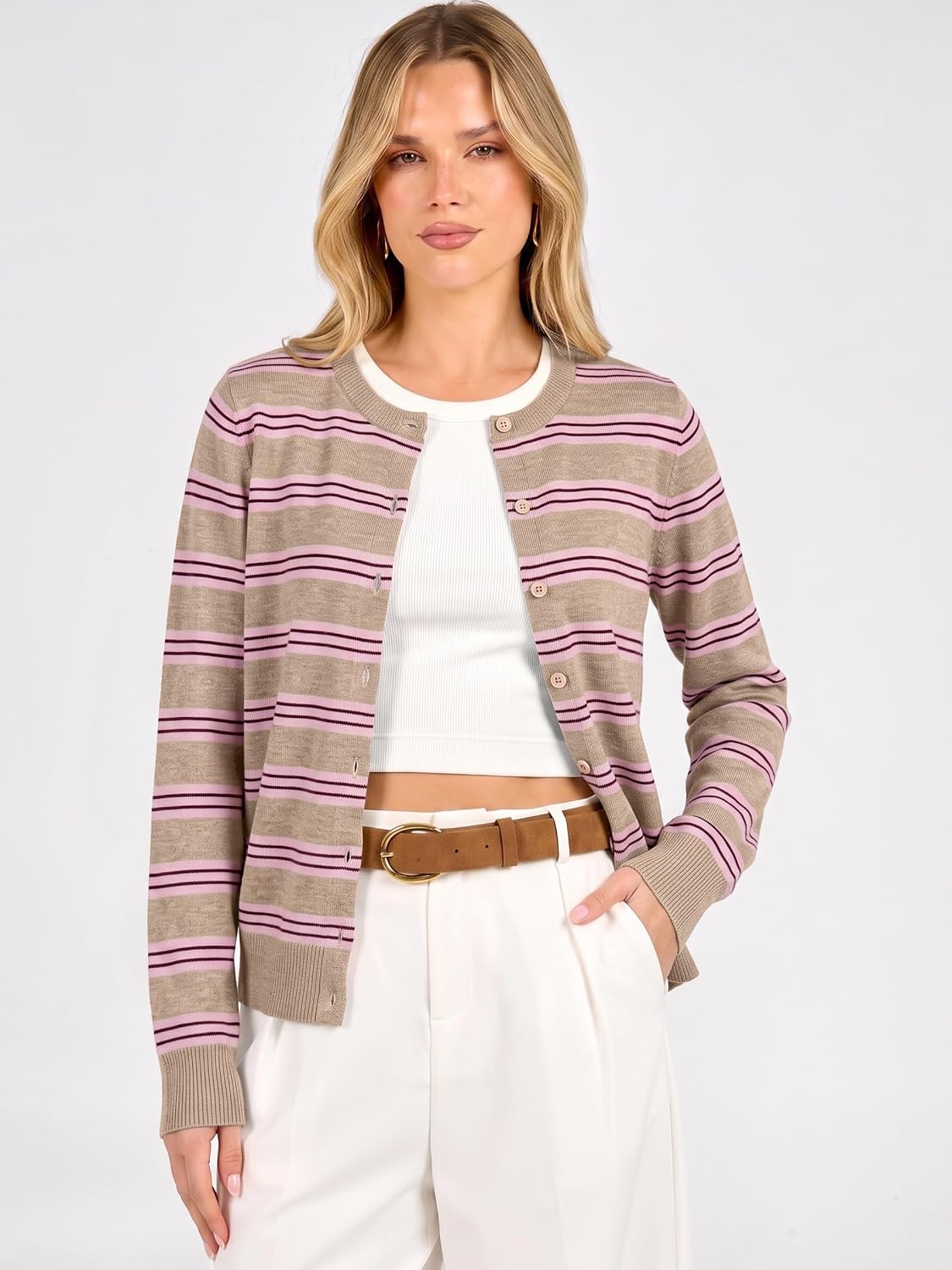 image:imageANRABESS Cardigan Sweaters for Women Lightweight Fall OutfitsApricot Beige Pink Stripe