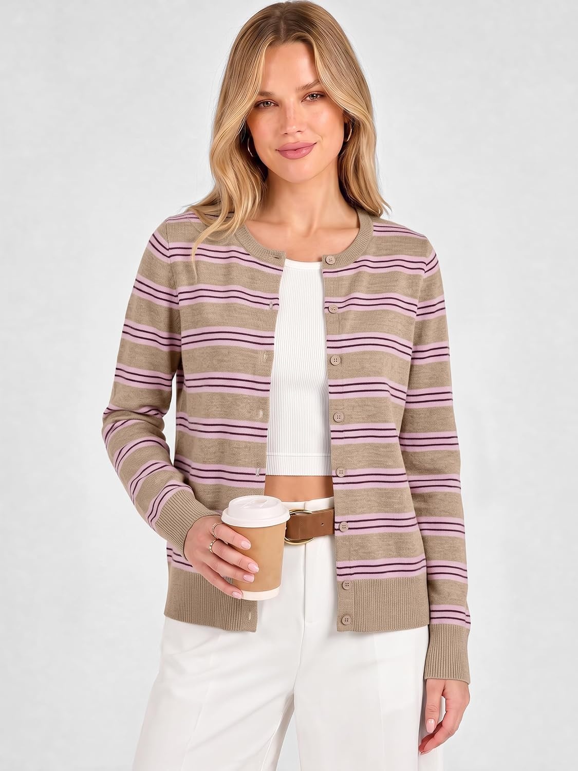 image:imageANRABESS Cardigan Sweaters for Women Lightweight Fall OutfitsApricot Beige Pink Stripe