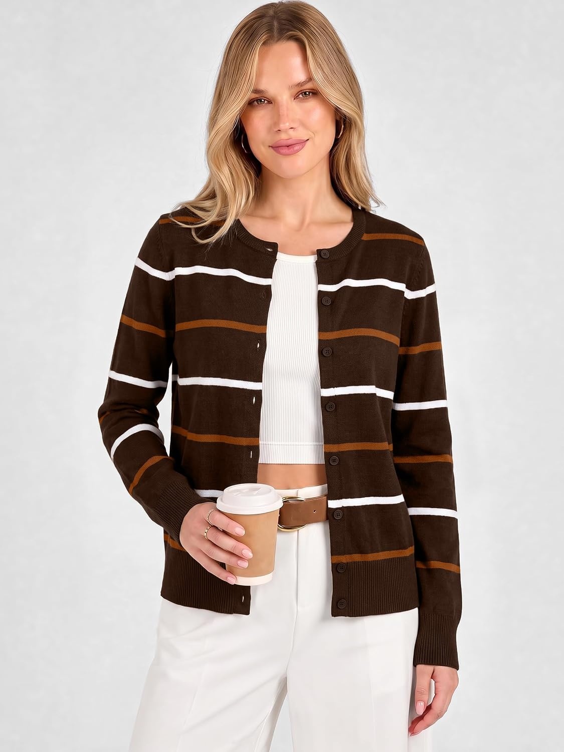 image:imageANRABESS Cardigan Sweaters for Women Lightweight Fall OutfitsCoffe Orange Stripe