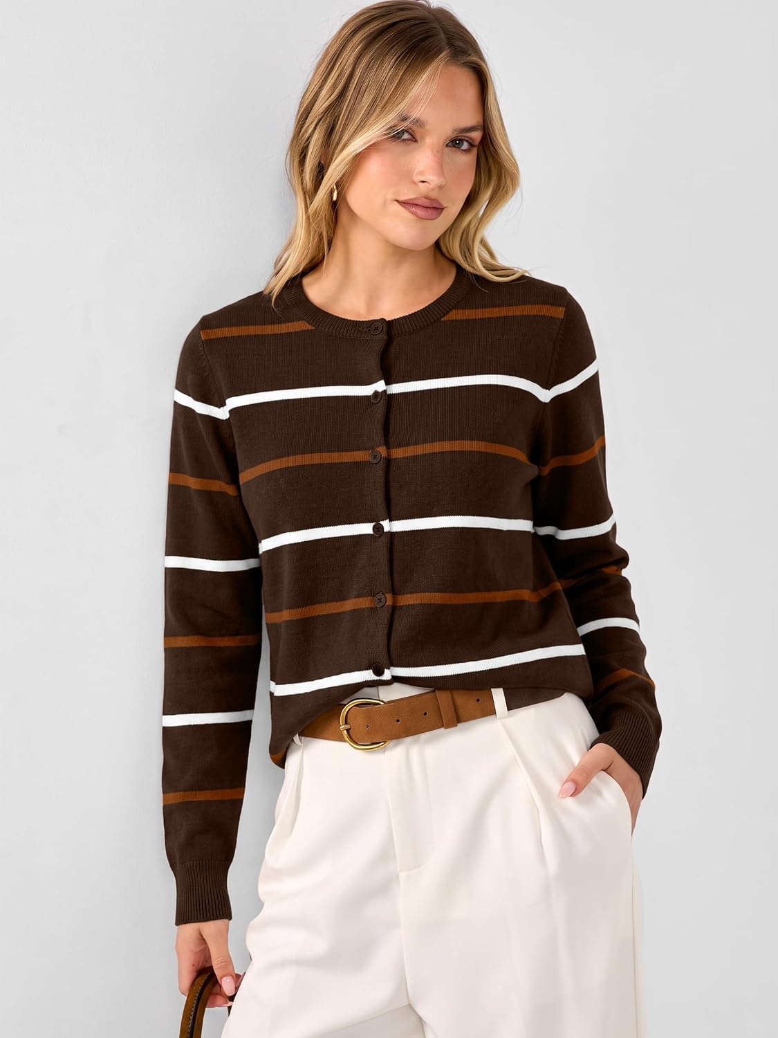 image:imageANRABESS Cardigan Sweaters for Women Lightweight Fall OutfitsCoffe Orange Stripe