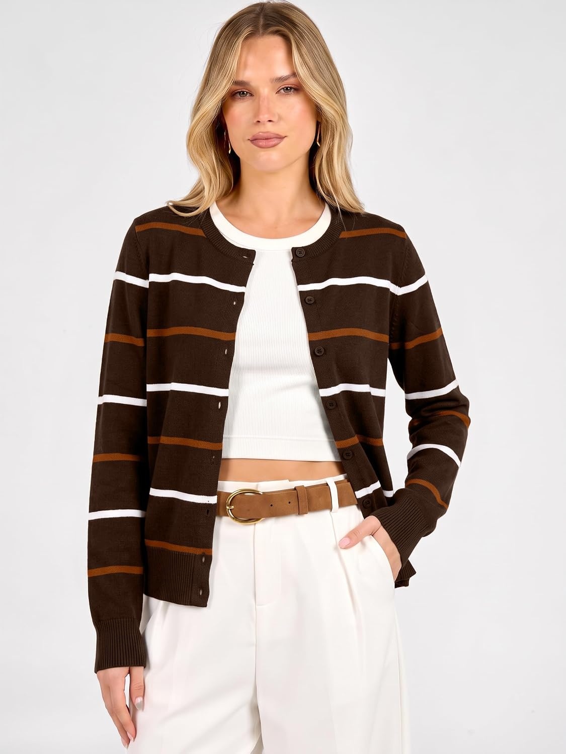 image:imageANRABESS Cardigan Sweaters for Women Lightweight Fall OutfitsCoffe Orange Stripe