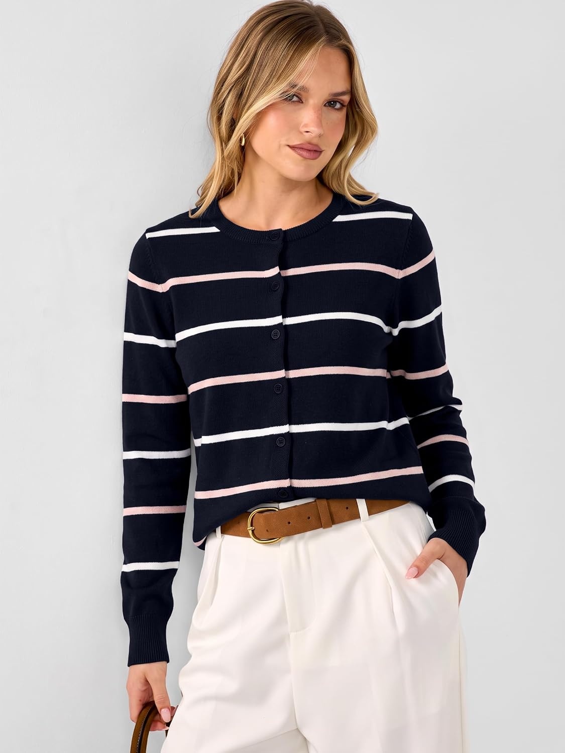 image:imageANRABESS Cardigan Sweaters for Women Lightweight Fall OutfitsNavy Bule Pink Stripe