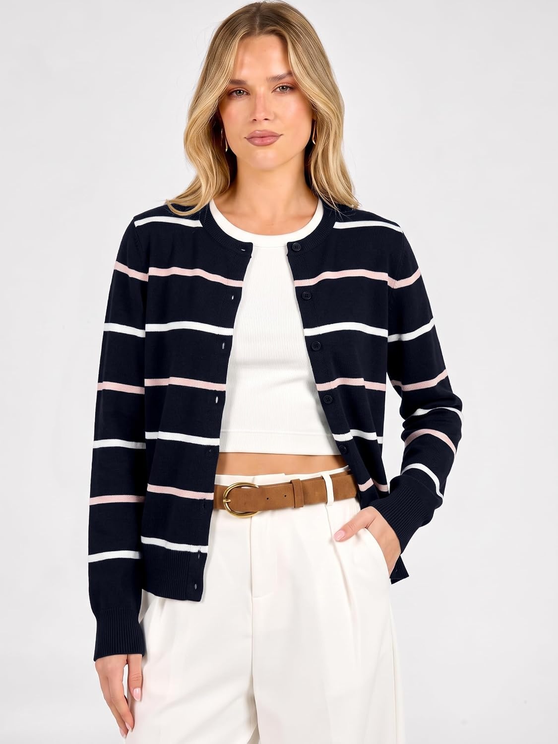 image:imageANRABESS Cardigan Sweaters for Women Lightweight Fall OutfitsNavy Bule Pink Stripe