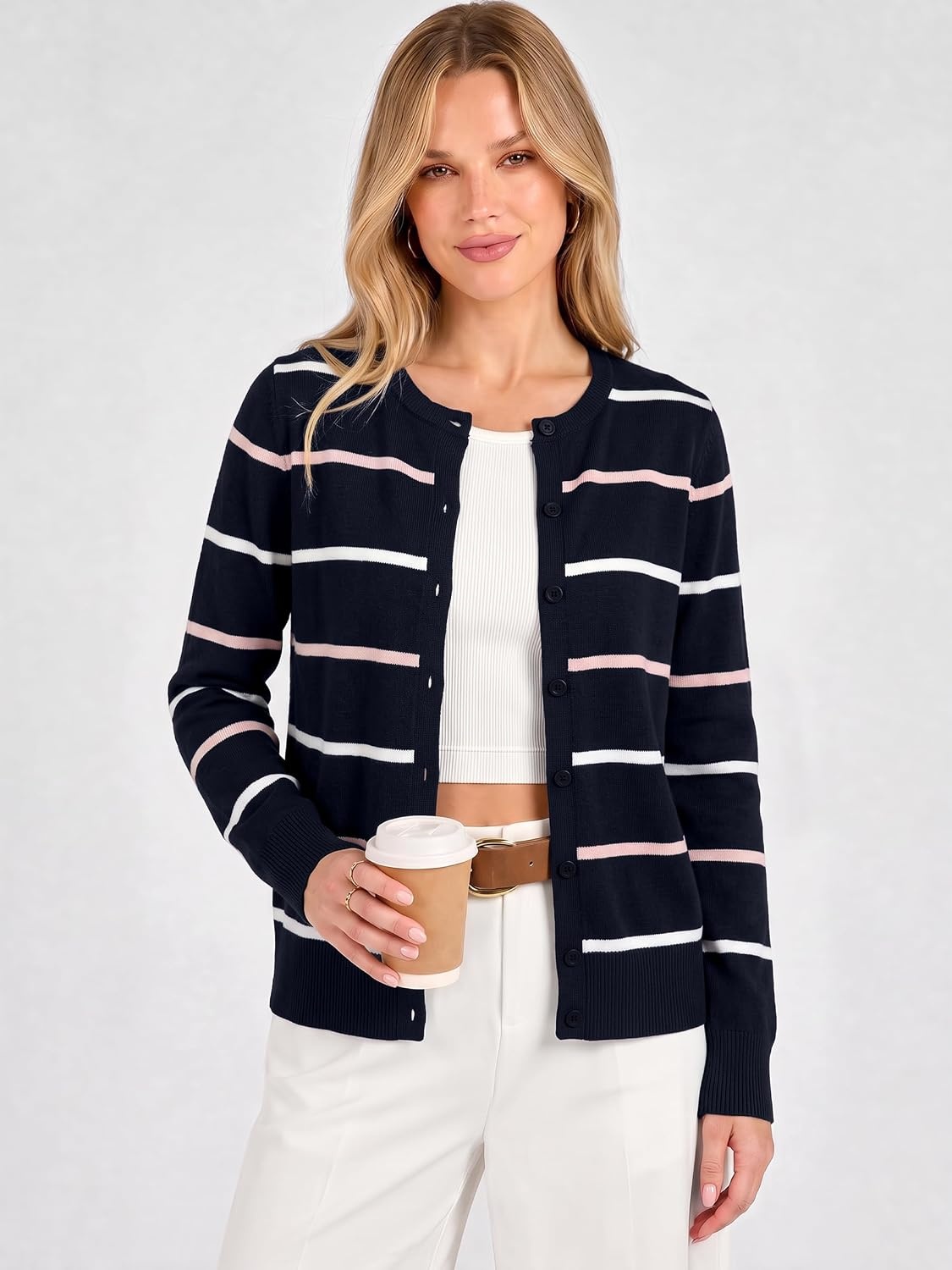 image:imageANRABESS Cardigan Sweaters for Women Lightweight Fall OutfitsNavy Bule Pink Stripe