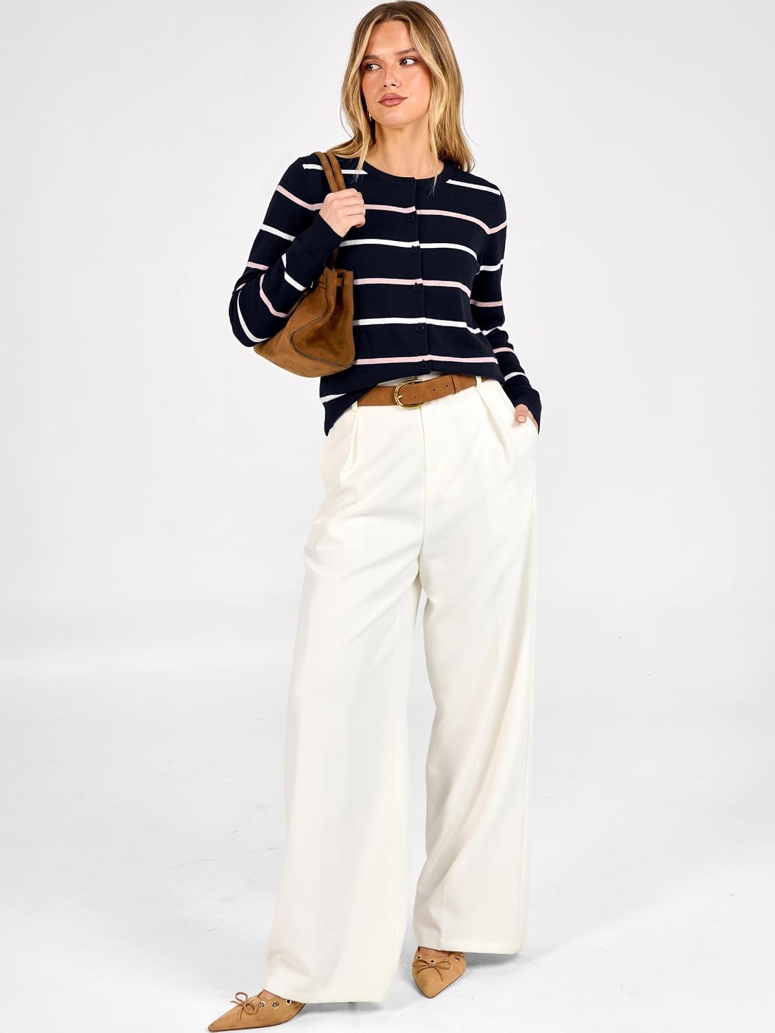 image:imageANRABESS Cardigan Sweaters for Women Lightweight Fall OutfitsNavy Bule Pink Stripe