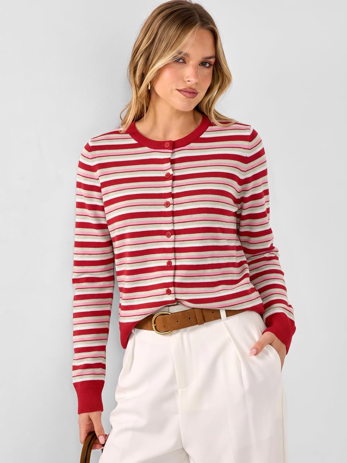 image:imageANRABESS Cardigan Sweaters for Women Lightweight Fall OutfitsRed Beige Pink Stripe