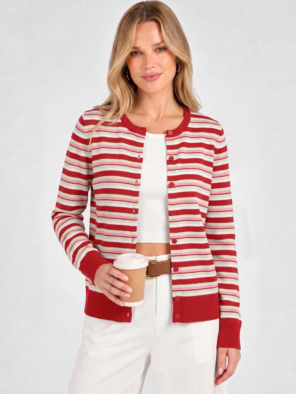 image:imageANRABESS Cardigan Sweaters for Women Lightweight Fall OutfitsRed Beige Pink Stripe