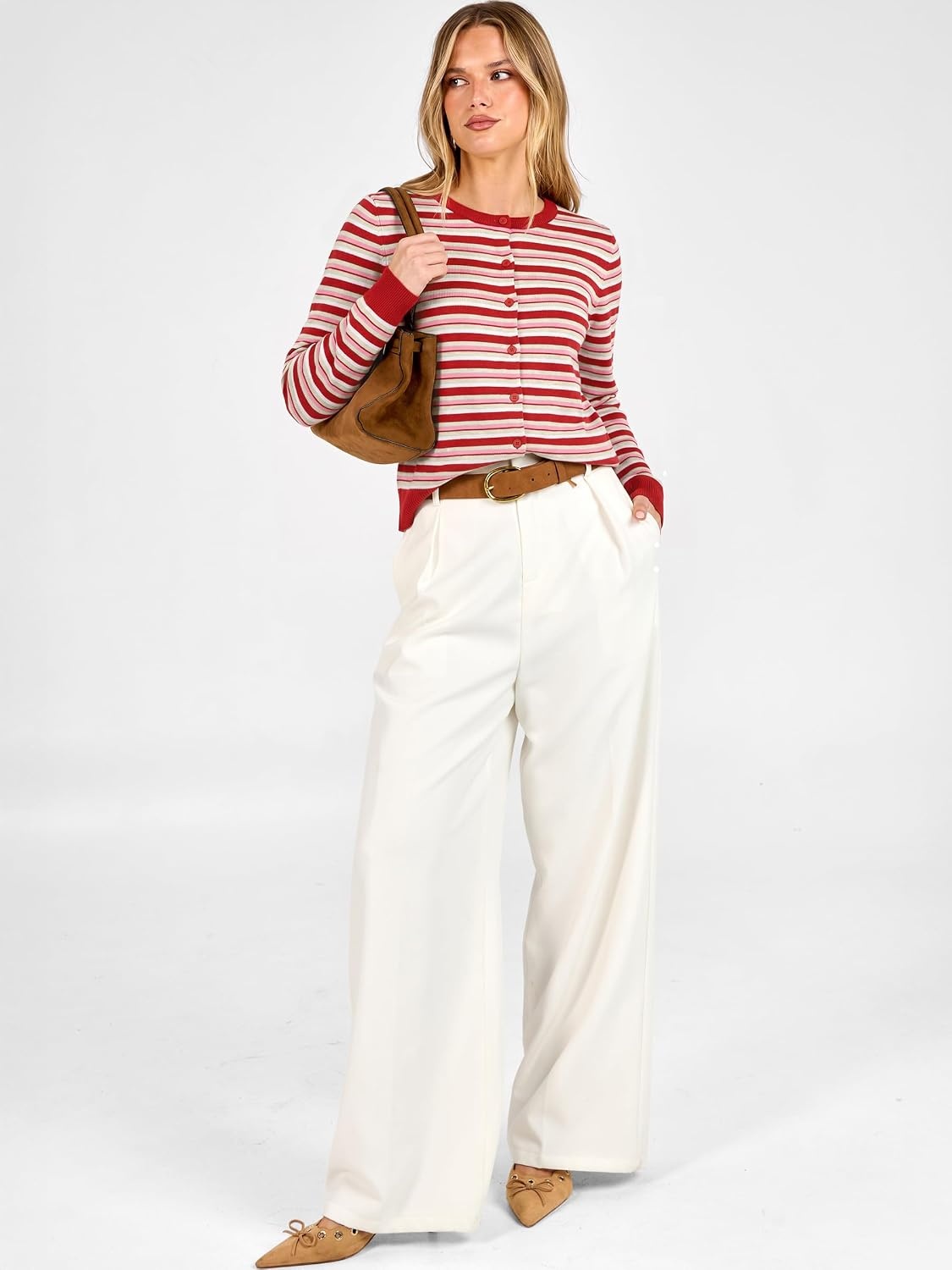 image:imageANRABESS Cardigan Sweaters for Women Lightweight Fall OutfitsRed Beige Pink Stripe