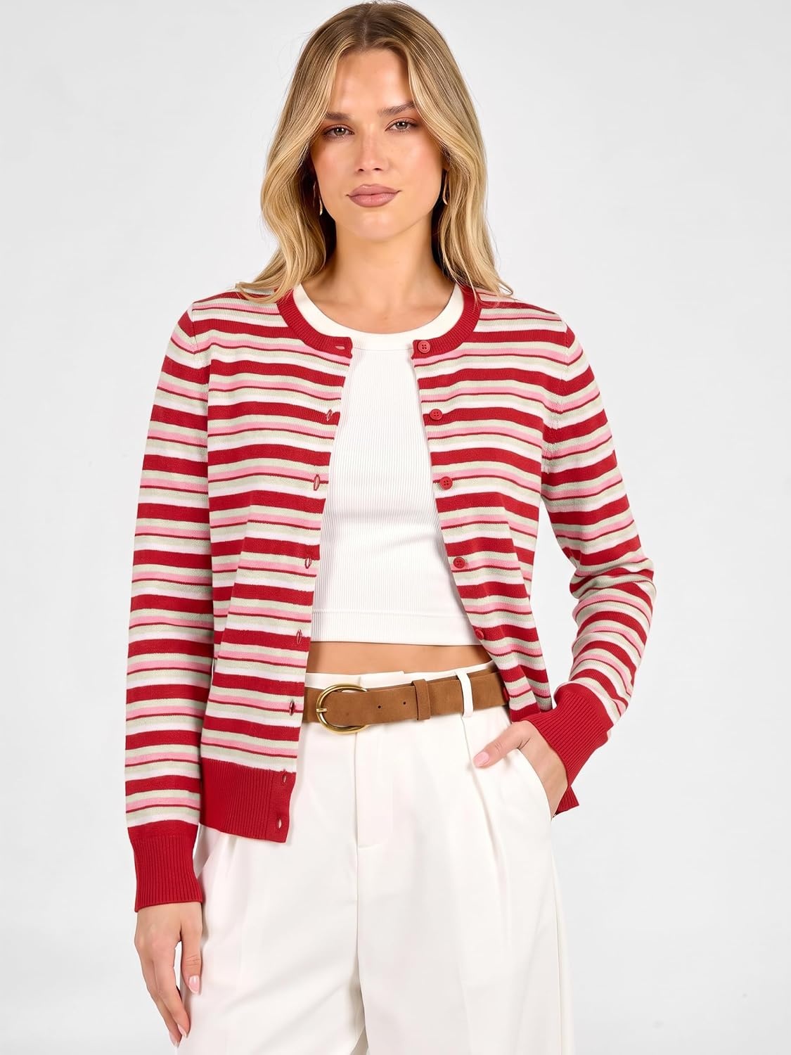 image:imageANRABESS Cardigan Sweaters for Women Lightweight Fall OutfitsRed Beige Pink Stripe