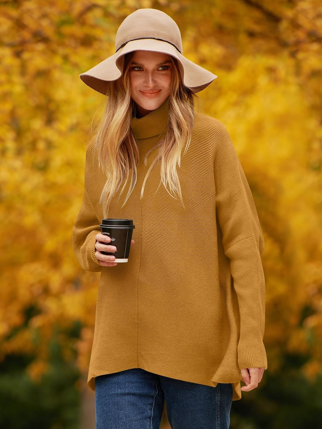 image:imageANRABESS Women Oversized Turtleneck Sweater Batwing Tunic Tops Fall OutfitsCamel