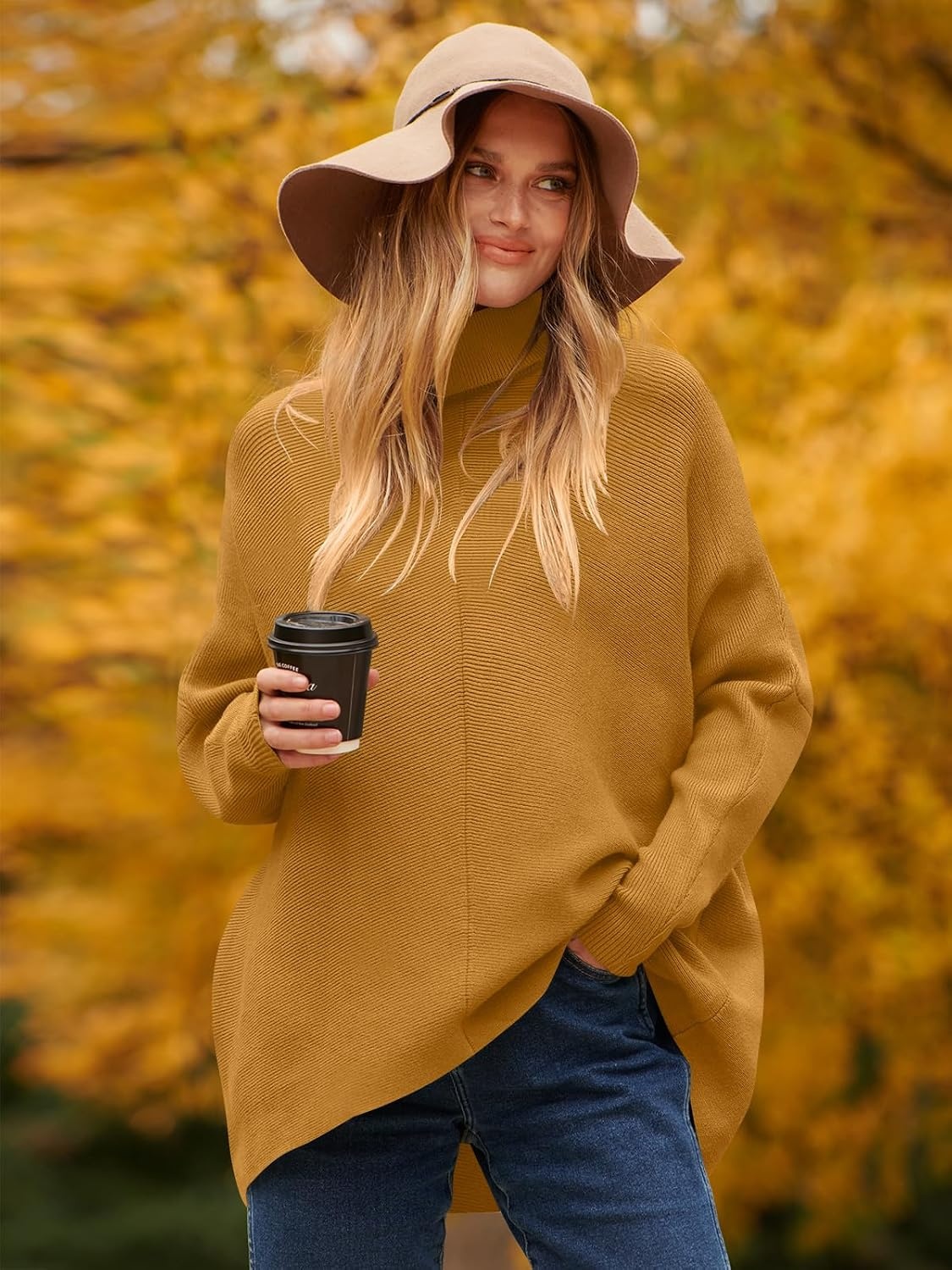 image:imageANRABESS Women Oversized Turtleneck Sweater Batwing Tunic Tops Fall OutfitsCamel