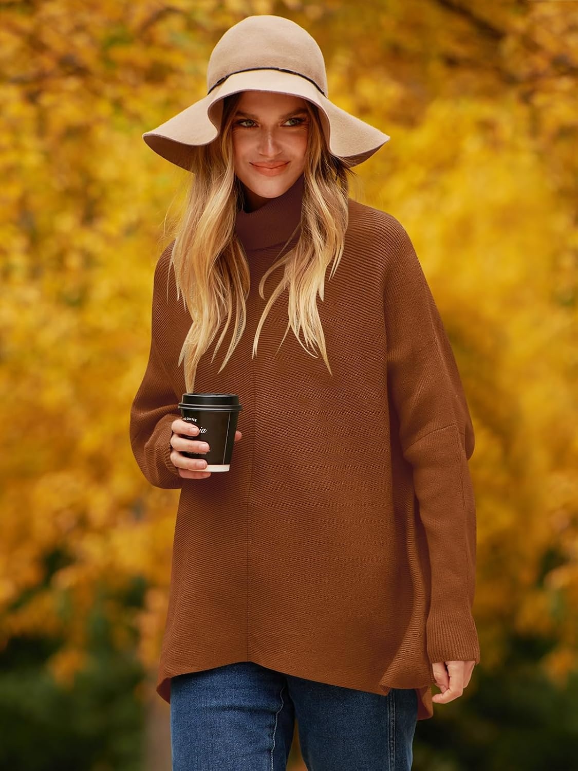 image:imageANRABESS Women Oversized Turtleneck Sweater Batwing Tunic Tops Fall OutfitsCaramel