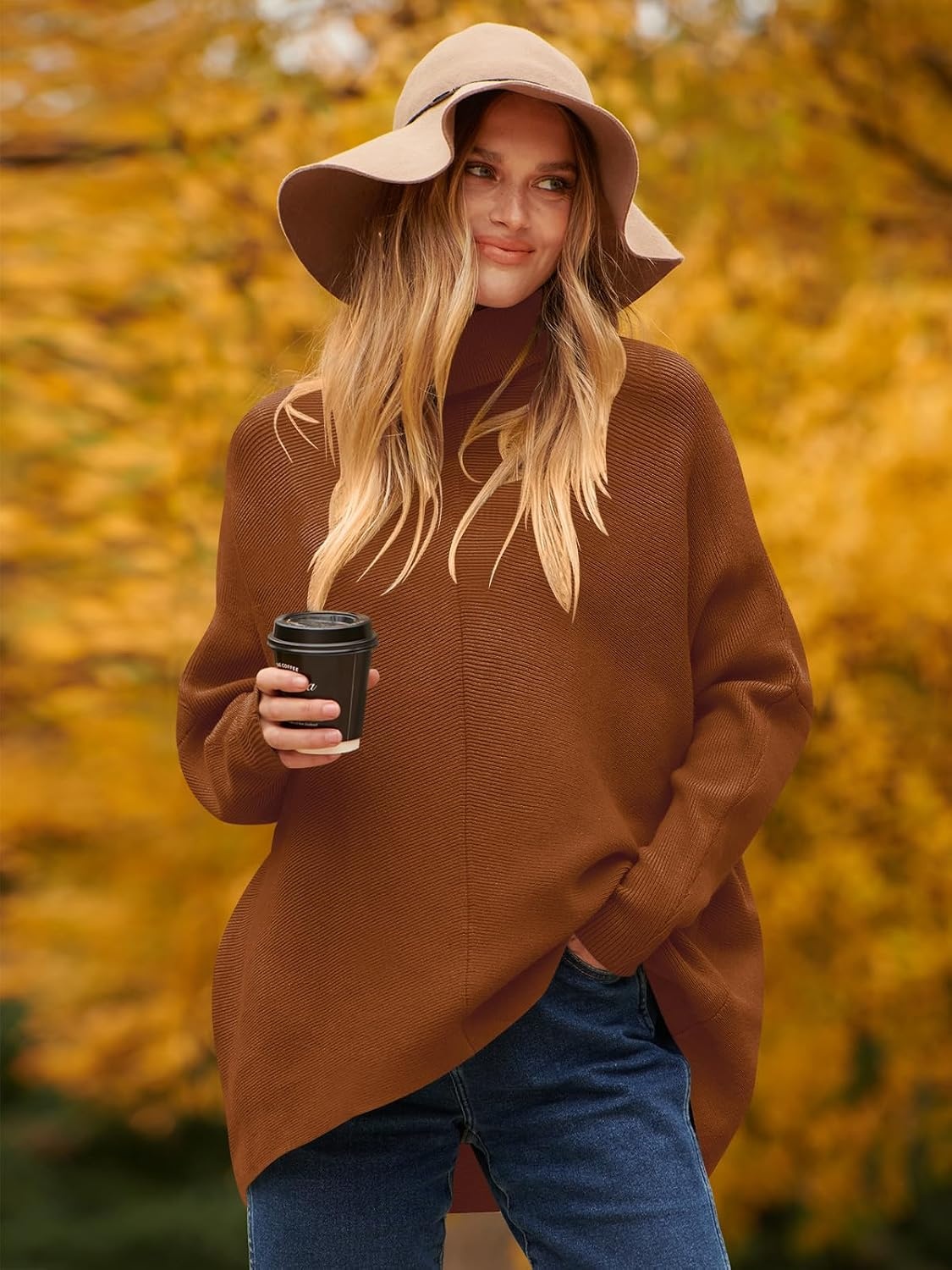 image:imageANRABESS Women Oversized Turtleneck Sweater Batwing Tunic Tops Fall OutfitsCaramel