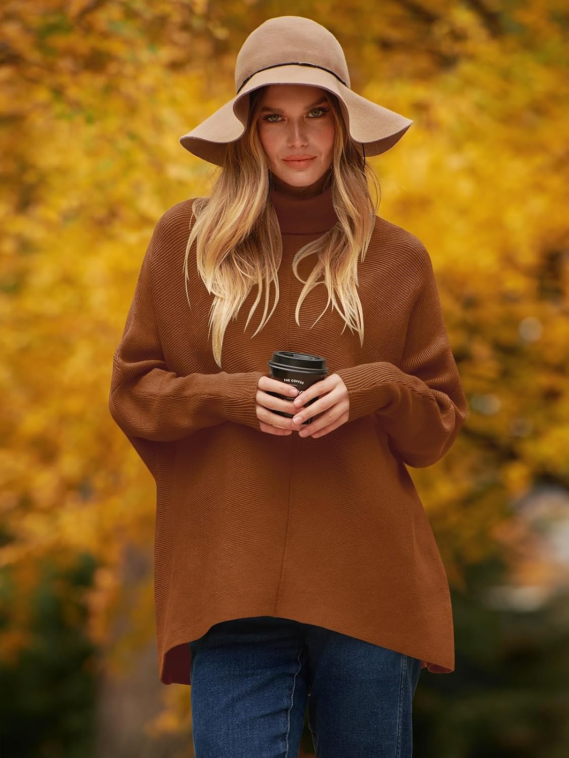 image:imageANRABESS Women Oversized Turtleneck Sweater Batwing Tunic Tops Fall OutfitsCaramel