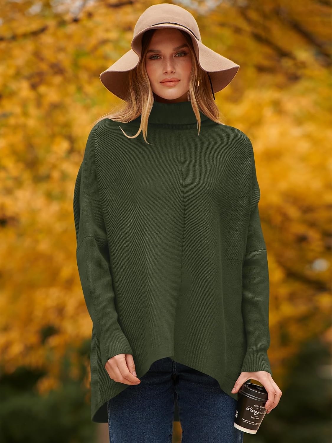 image:imageANRABESS Women Oversized Turtleneck Sweater Batwing Tunic Tops Fall OutfitsDark Green