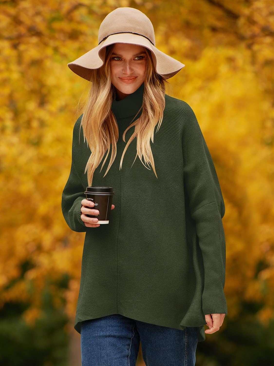 image:imageANRABESS Women Oversized Turtleneck Sweater Batwing Tunic Tops Fall OutfitsDark Green