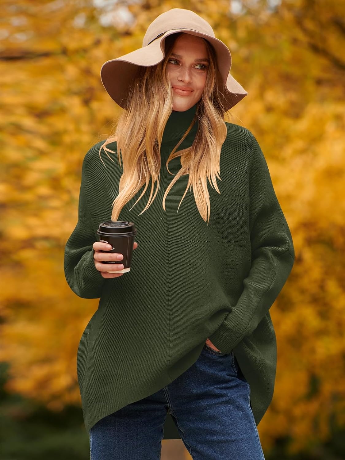 image:imageANRABESS Women Oversized Turtleneck Sweater Batwing Tunic Tops Fall OutfitsDark Green