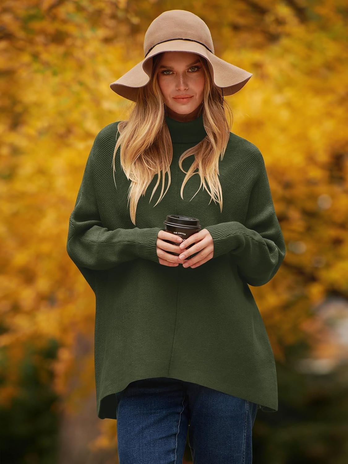 image:imageANRABESS Women Oversized Turtleneck Sweater Batwing Tunic Tops Fall OutfitsDark Green