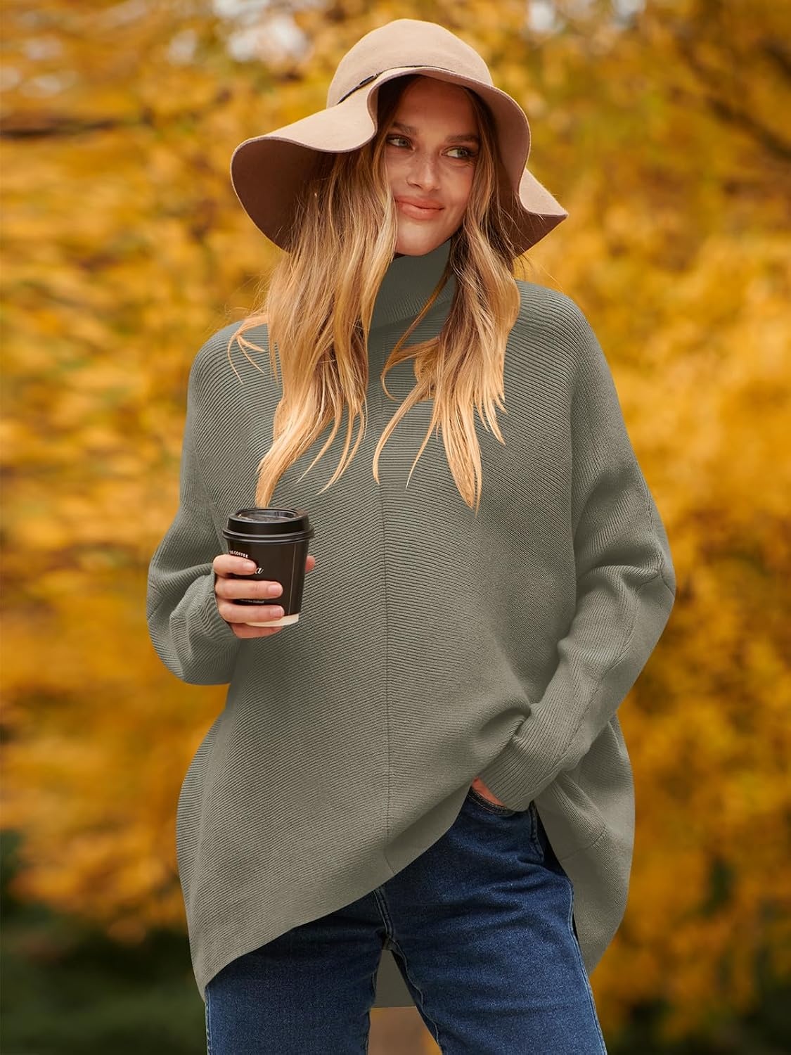 image:imageANRABESS Women Oversized Turtleneck Sweater Batwing Tunic Tops Fall OutfitsGray Coffee