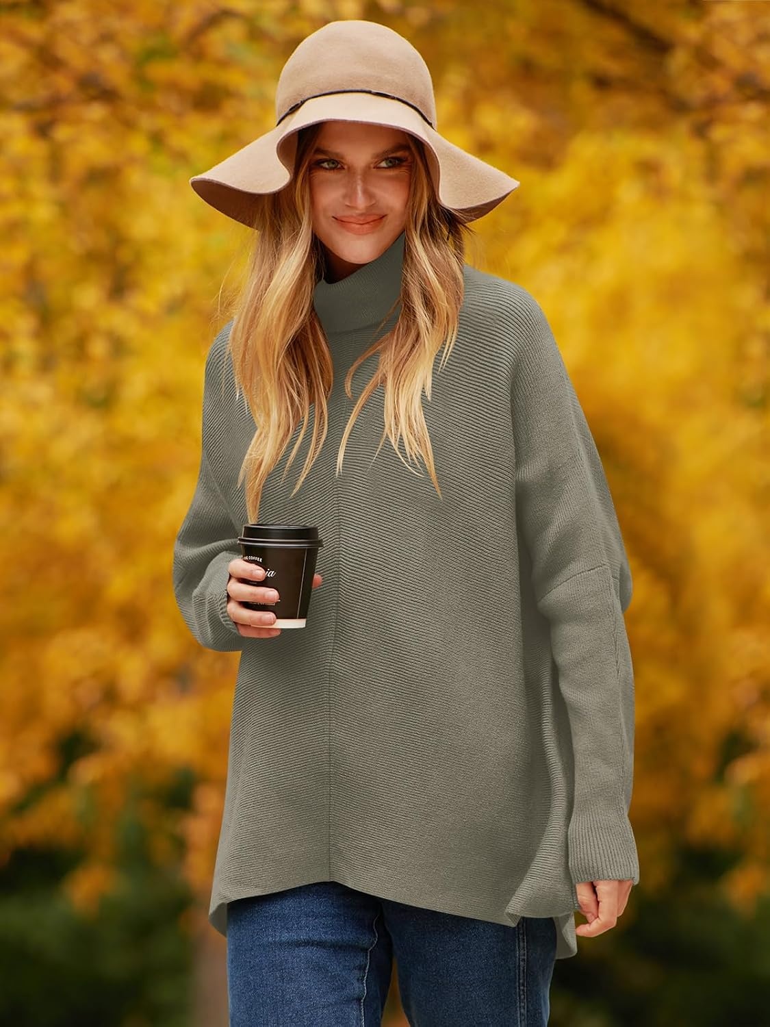 image:imageANRABESS Women Oversized Turtleneck Sweater Batwing Tunic Tops Fall OutfitsGray Coffee