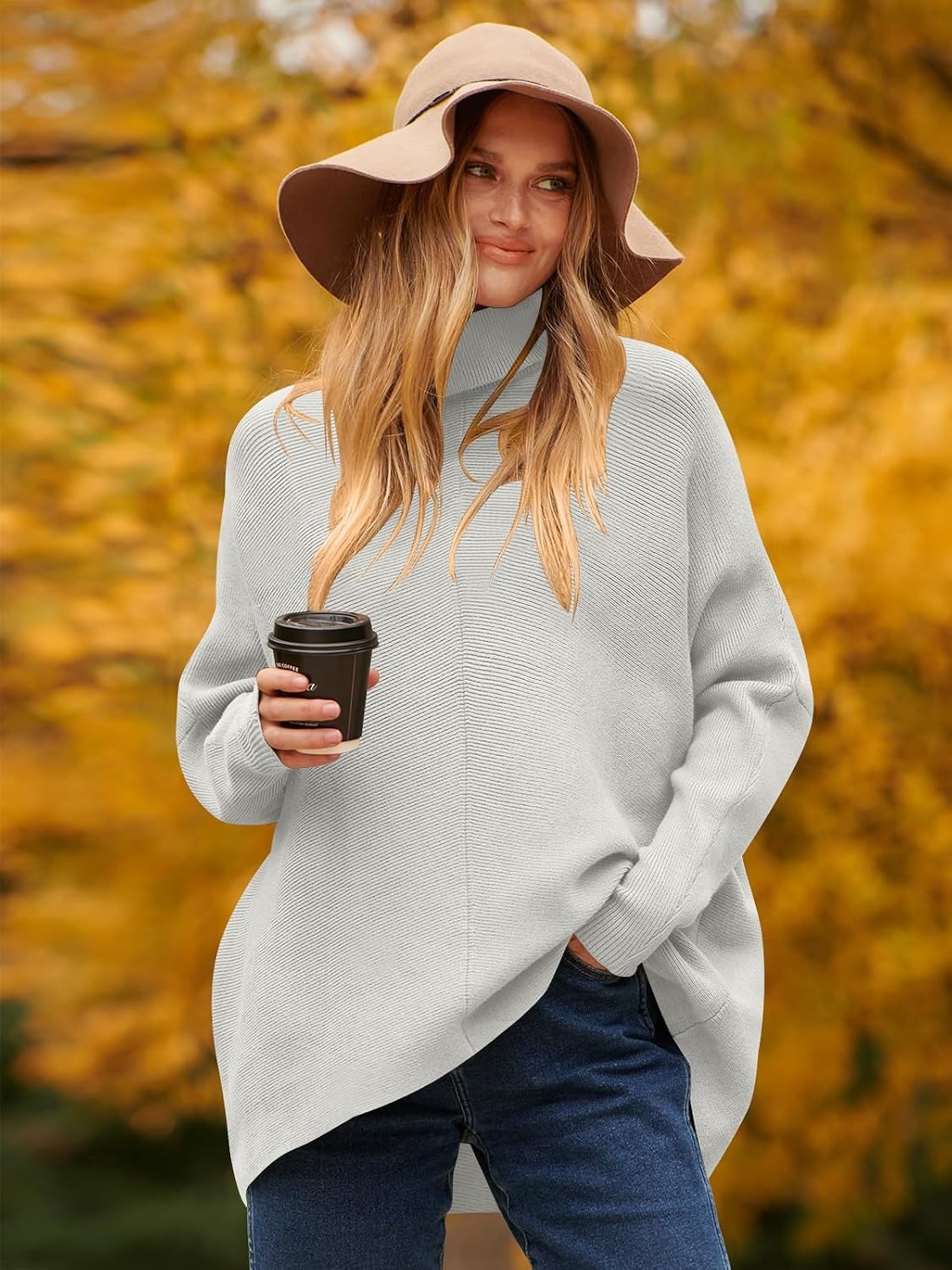 image:imageANRABESS Women Oversized Turtleneck Sweater Batwing Tunic Tops Fall OutfitsGrey
