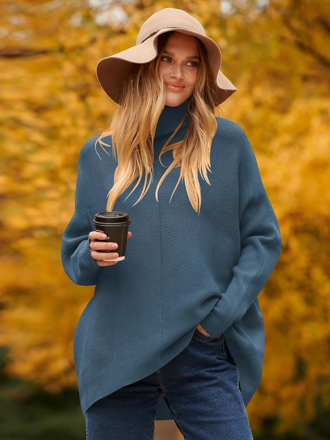 image:imageANRABESS Women Oversized Turtleneck Sweater Batwing Tunic Tops Fall OutfitsIndigo