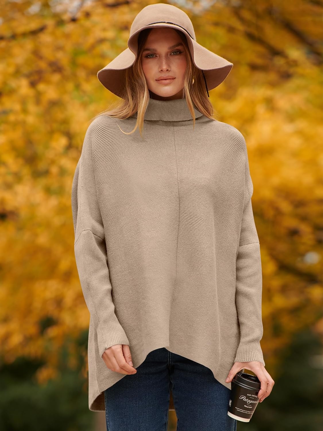 image:imageANRABESS Women Oversized Turtleneck Sweater Batwing Tunic Tops Fall OutfitsKhaki