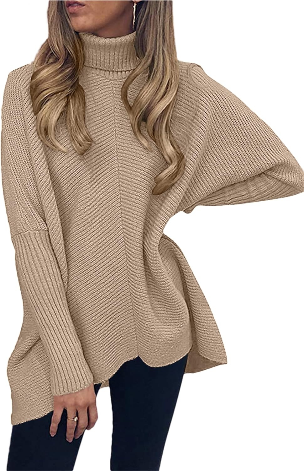 image:imageANRABESS Women Oversized Turtleneck Sweater Batwing Tunic Tops Fall OutfitsKhaki