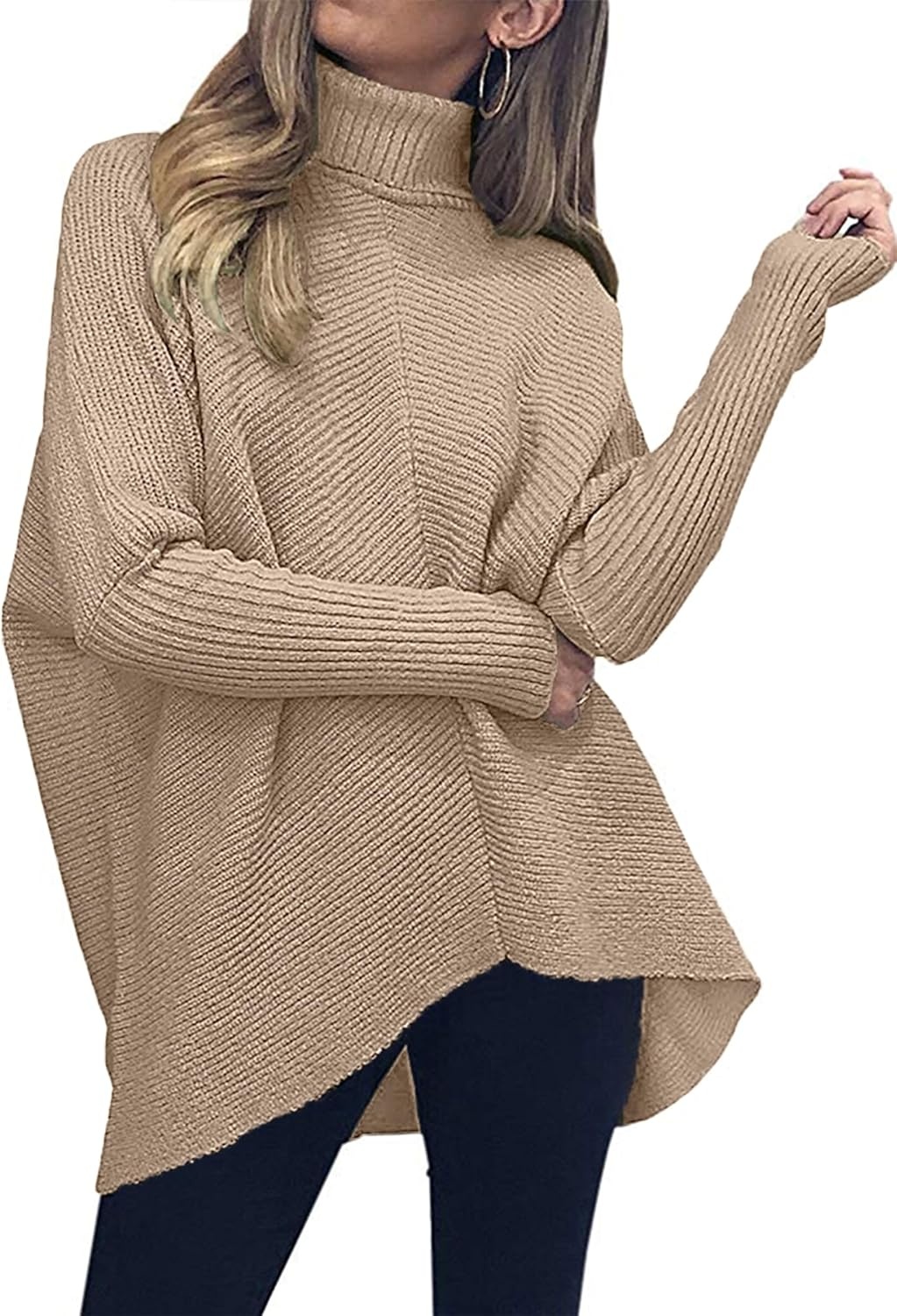 image:imageANRABESS Women Oversized Turtleneck Sweater Batwing Tunic Tops Fall OutfitsKhaki