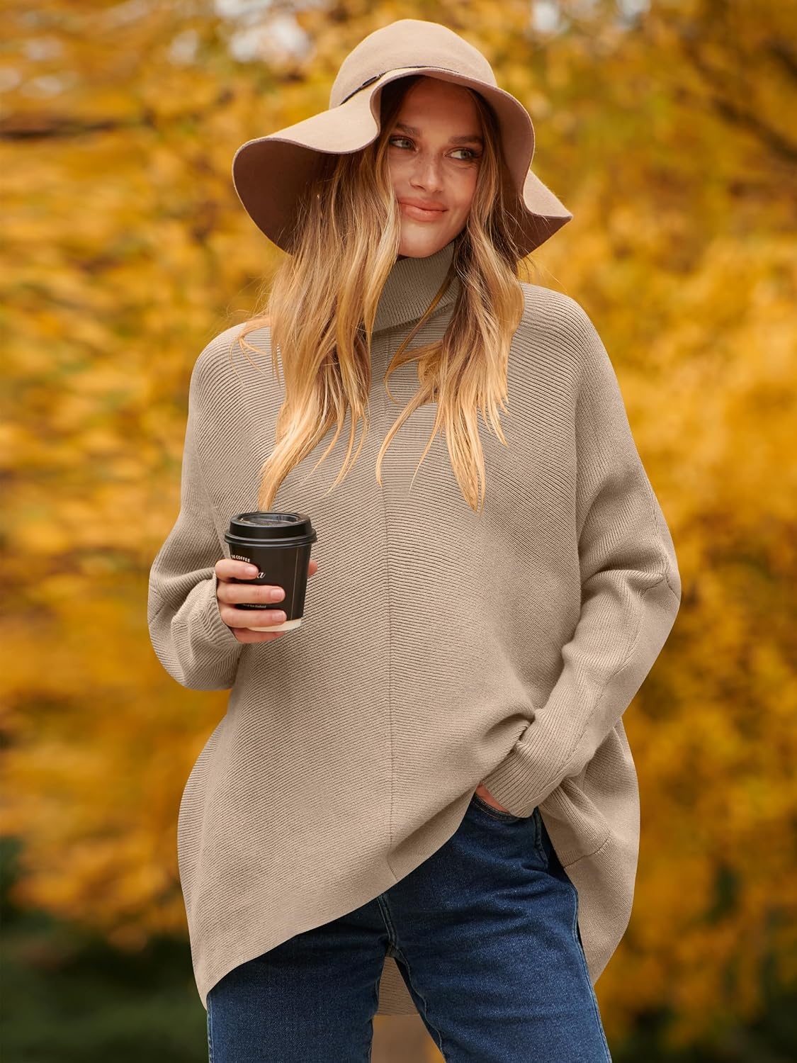 image:imageANRABESS Women Oversized Turtleneck Sweater Batwing Tunic Tops Fall OutfitsKhaki