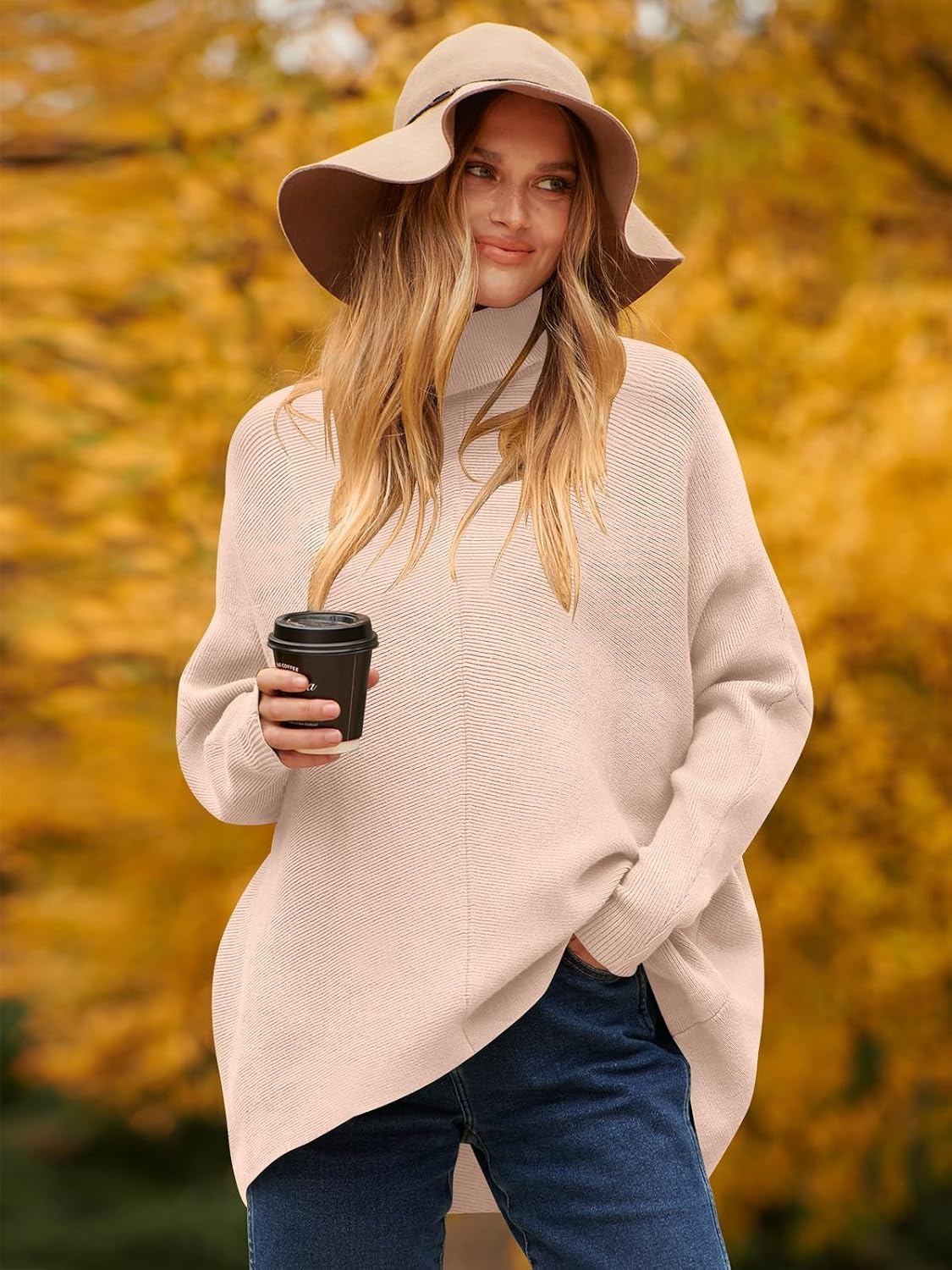image:imageANRABESS Women Oversized Turtleneck Sweater Batwing Tunic Tops Fall OutfitsPink