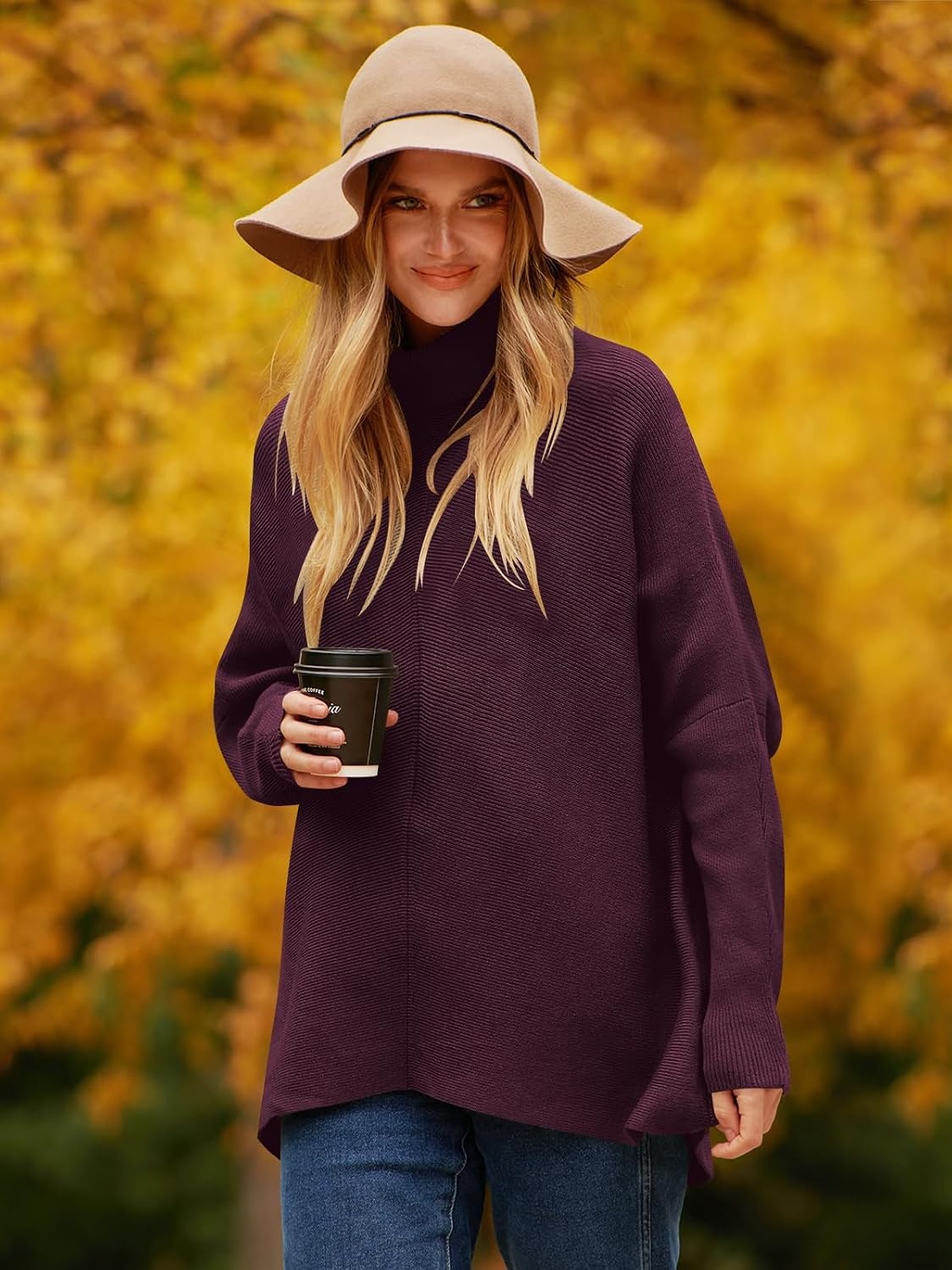 image:imageANRABESS Women Oversized Turtleneck Sweater Batwing Tunic Tops Fall OutfitsPurple