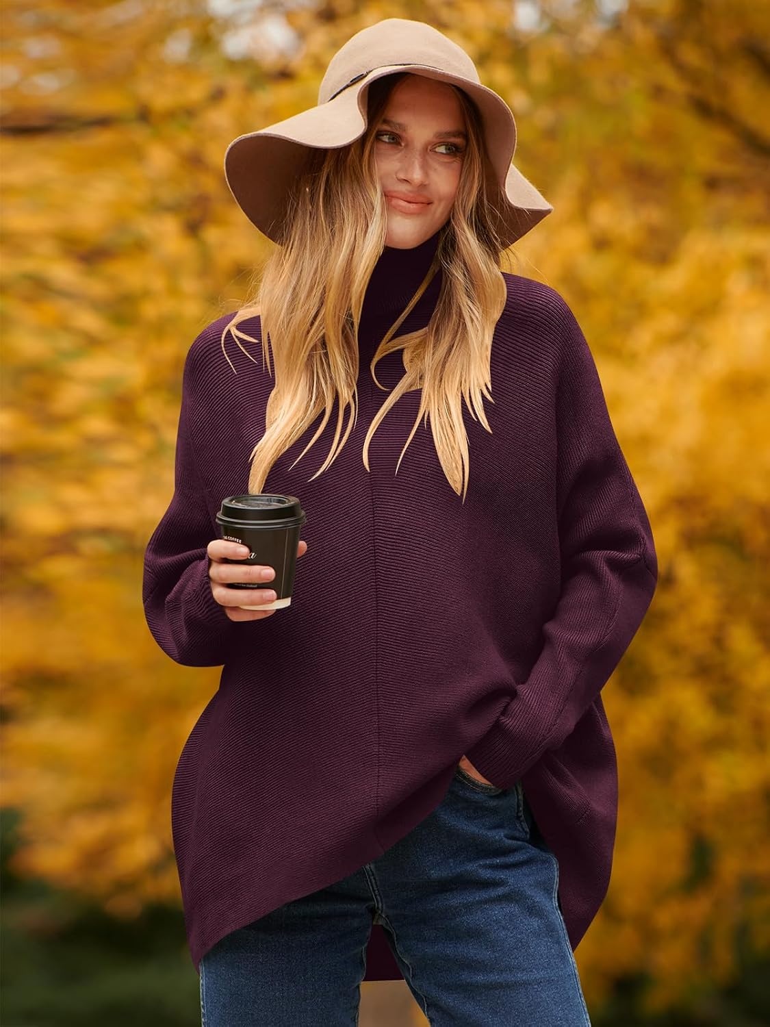 image:imageANRABESS Women Oversized Turtleneck Sweater Batwing Tunic Tops Fall OutfitsPurple