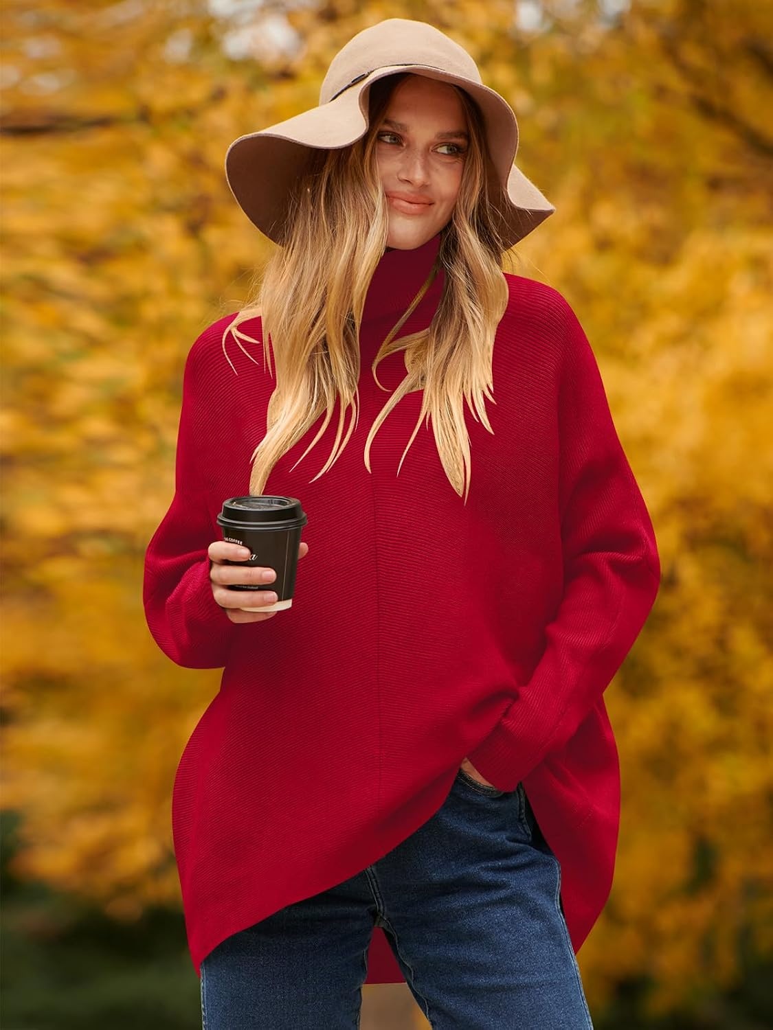 image:imageANRABESS Women Oversized Turtleneck Sweater Batwing Tunic Tops Fall OutfitsRed