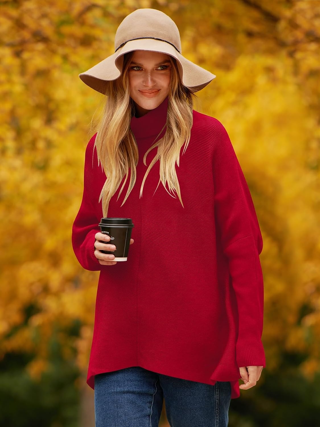 image:imageANRABESS Women Oversized Turtleneck Sweater Batwing Tunic Tops Fall OutfitsRed
