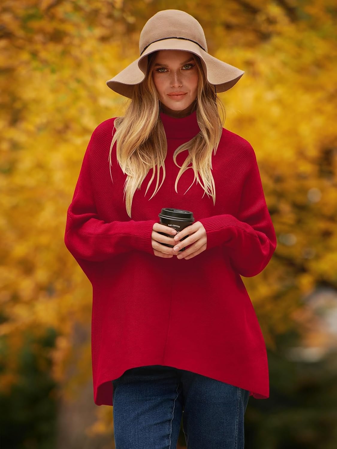 image:imageANRABESS Women Oversized Turtleneck Sweater Batwing Tunic Tops Fall OutfitsRed