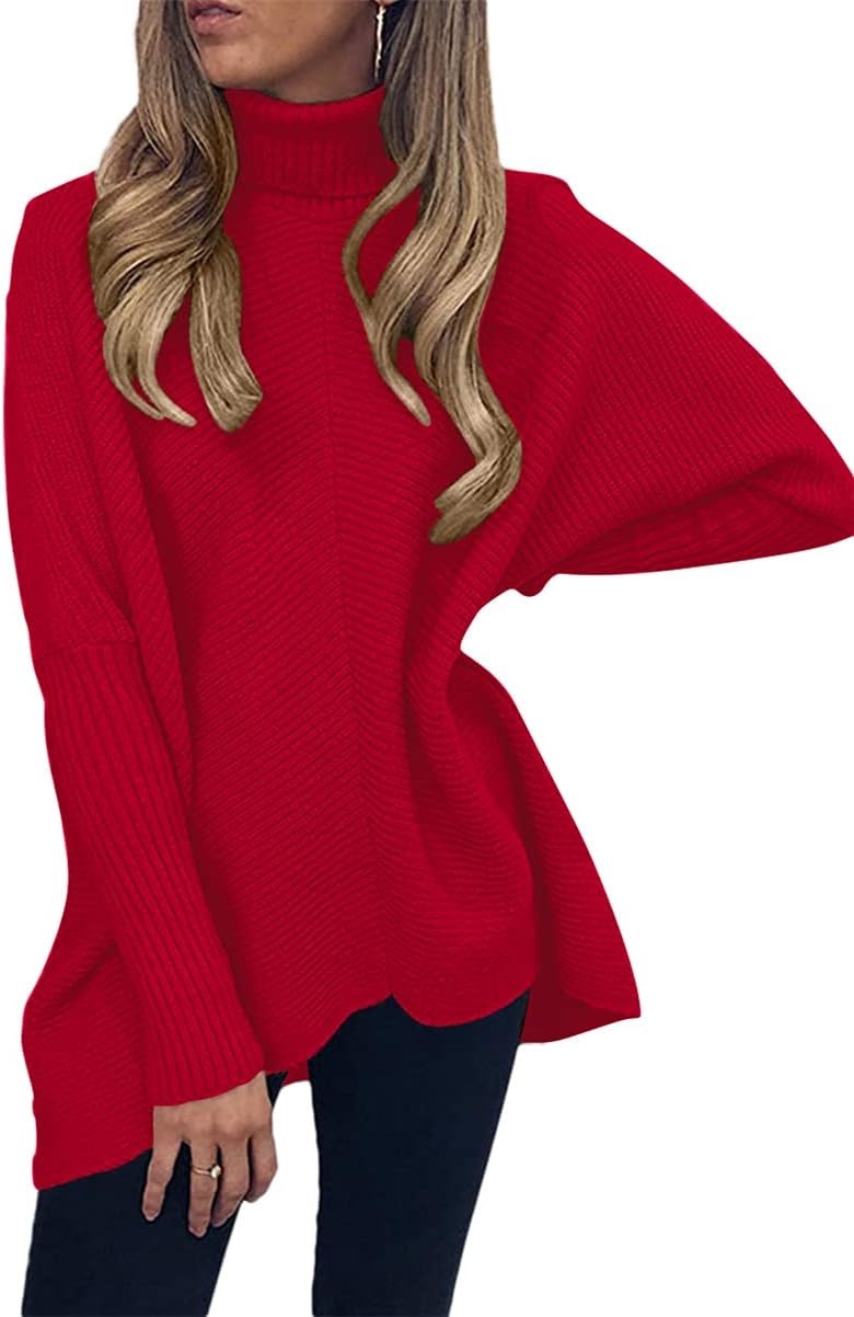 image:imageANRABESS Women Oversized Turtleneck Sweater Batwing Tunic Tops Fall OutfitsRed