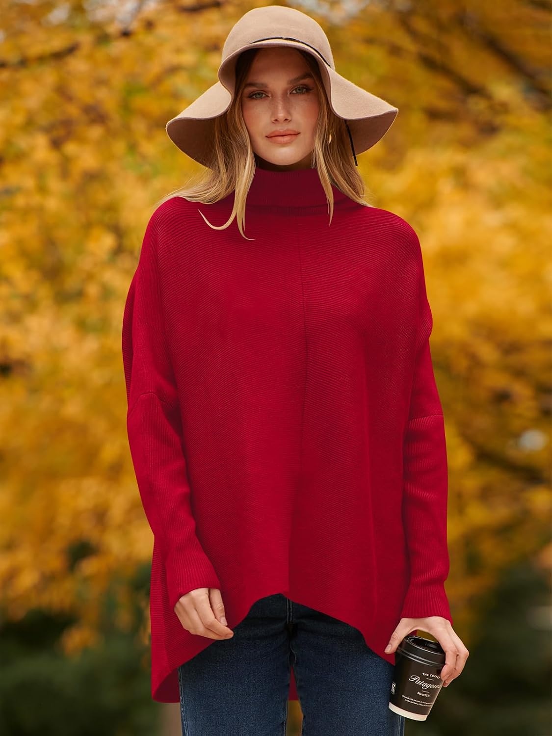 image:imageANRABESS Women Oversized Turtleneck Sweater Batwing Tunic Tops Fall OutfitsRed