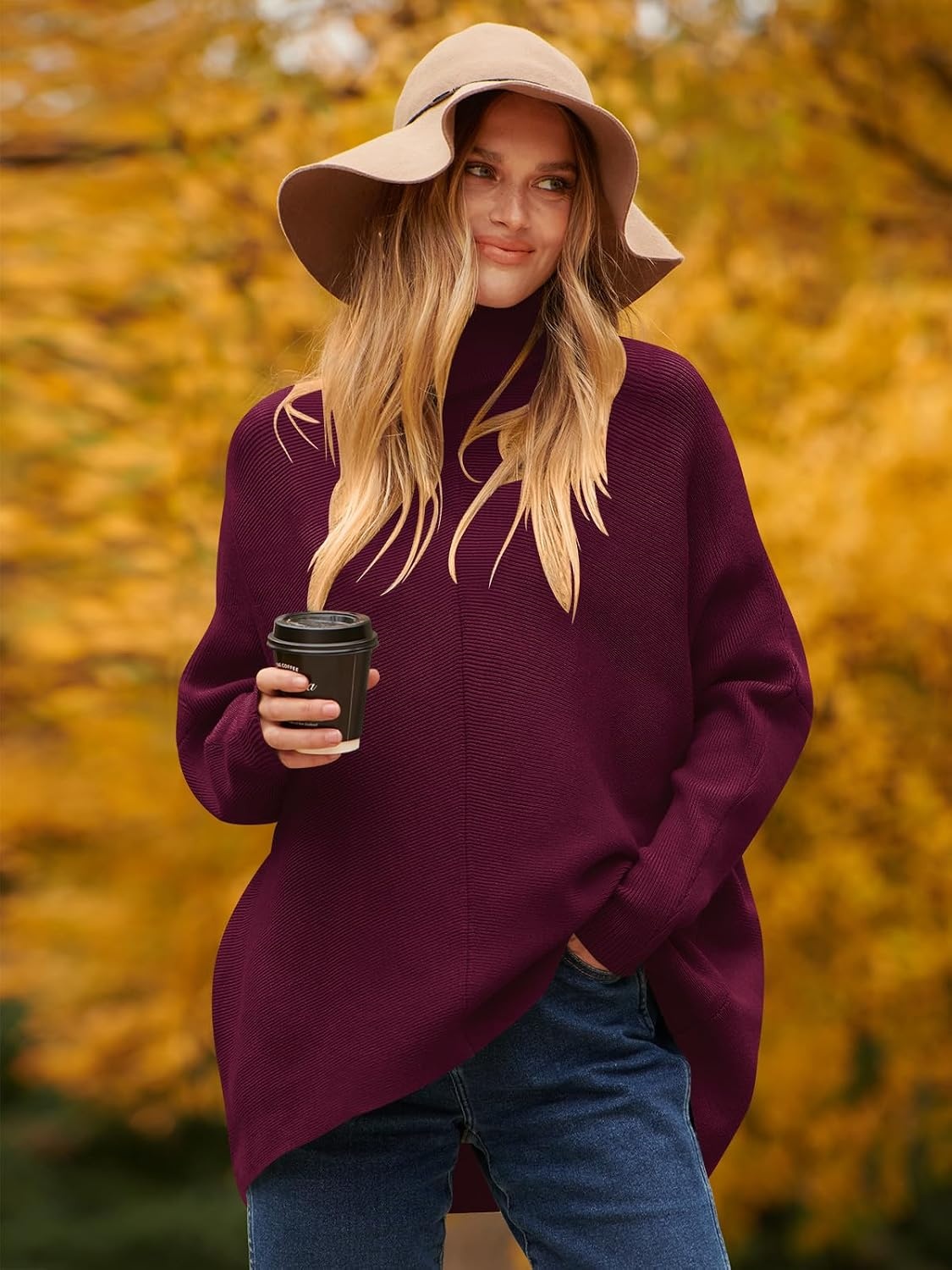 image:imageANRABESS Women Oversized Turtleneck Sweater Batwing Tunic Tops Fall OutfitsWine Red