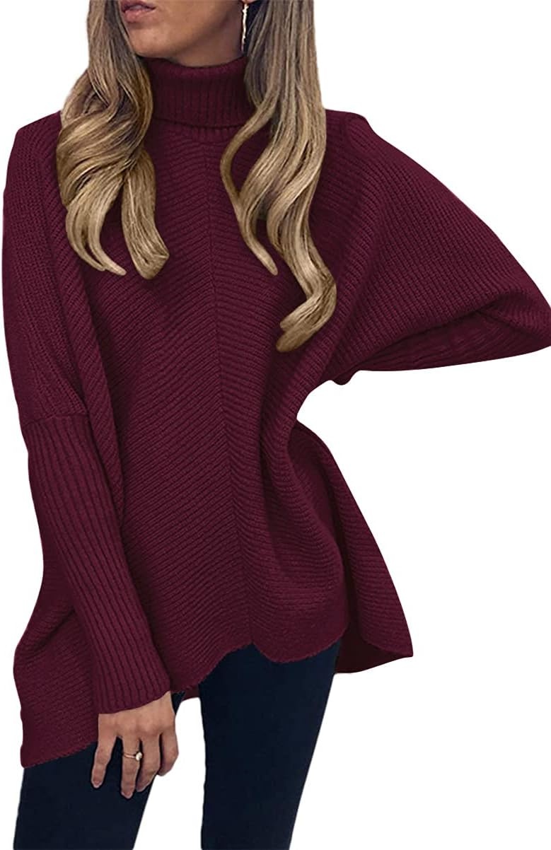 image:imageANRABESS Women Oversized Turtleneck Sweater Batwing Tunic Tops Fall OutfitsWine Red