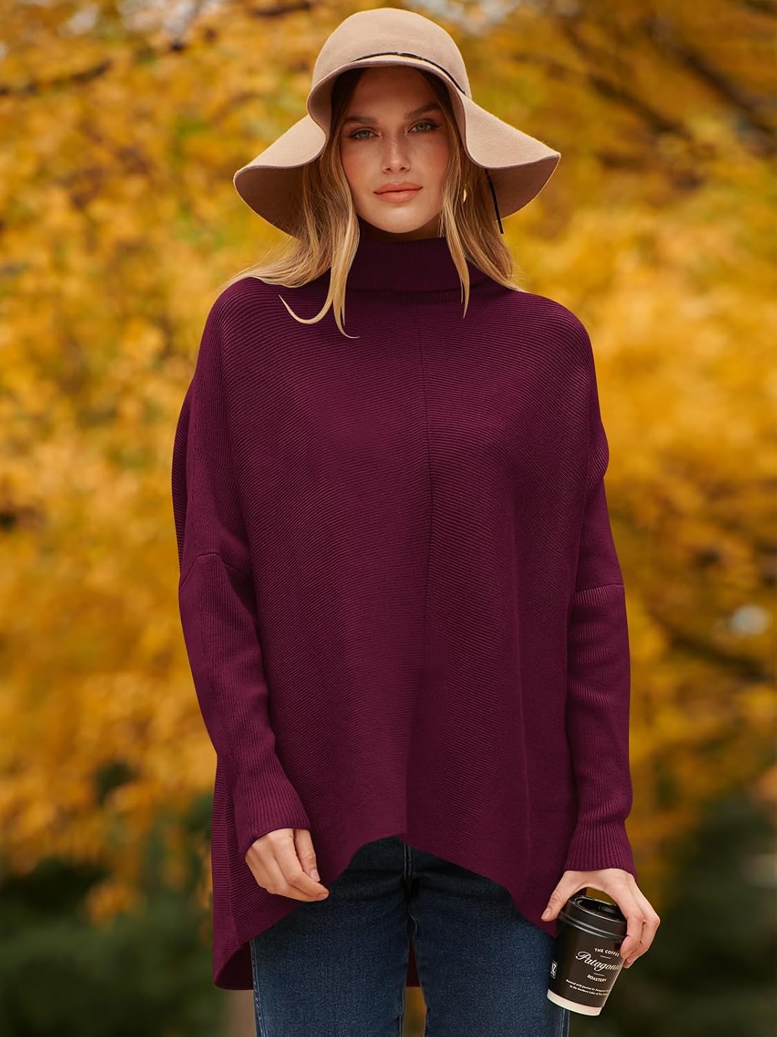 image:imageANRABESS Women Oversized Turtleneck Sweater Batwing Tunic Tops Fall OutfitsWine Red
