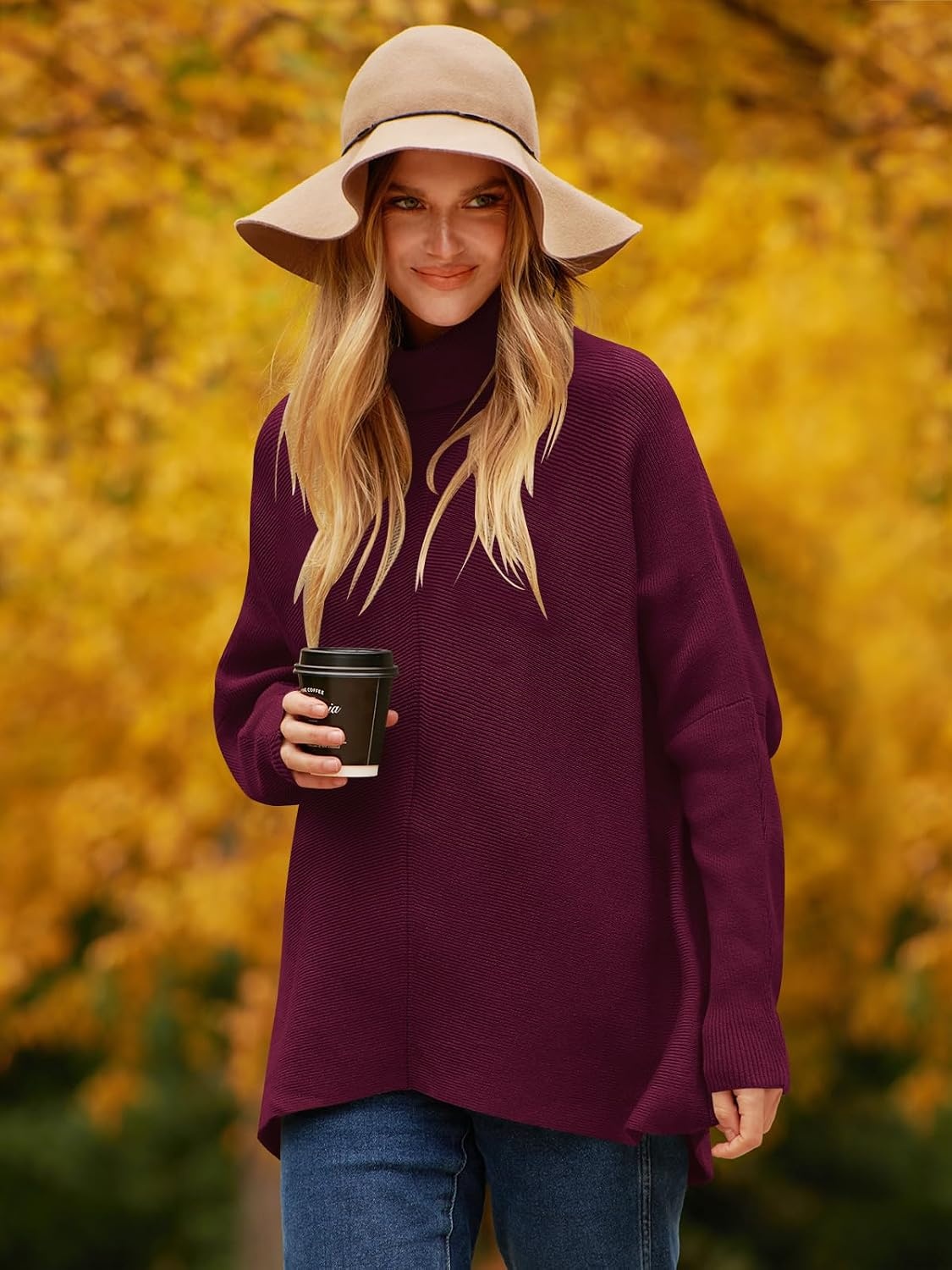 image:imageANRABESS Women Oversized Turtleneck Sweater Batwing Tunic Tops Fall OutfitsWine Red