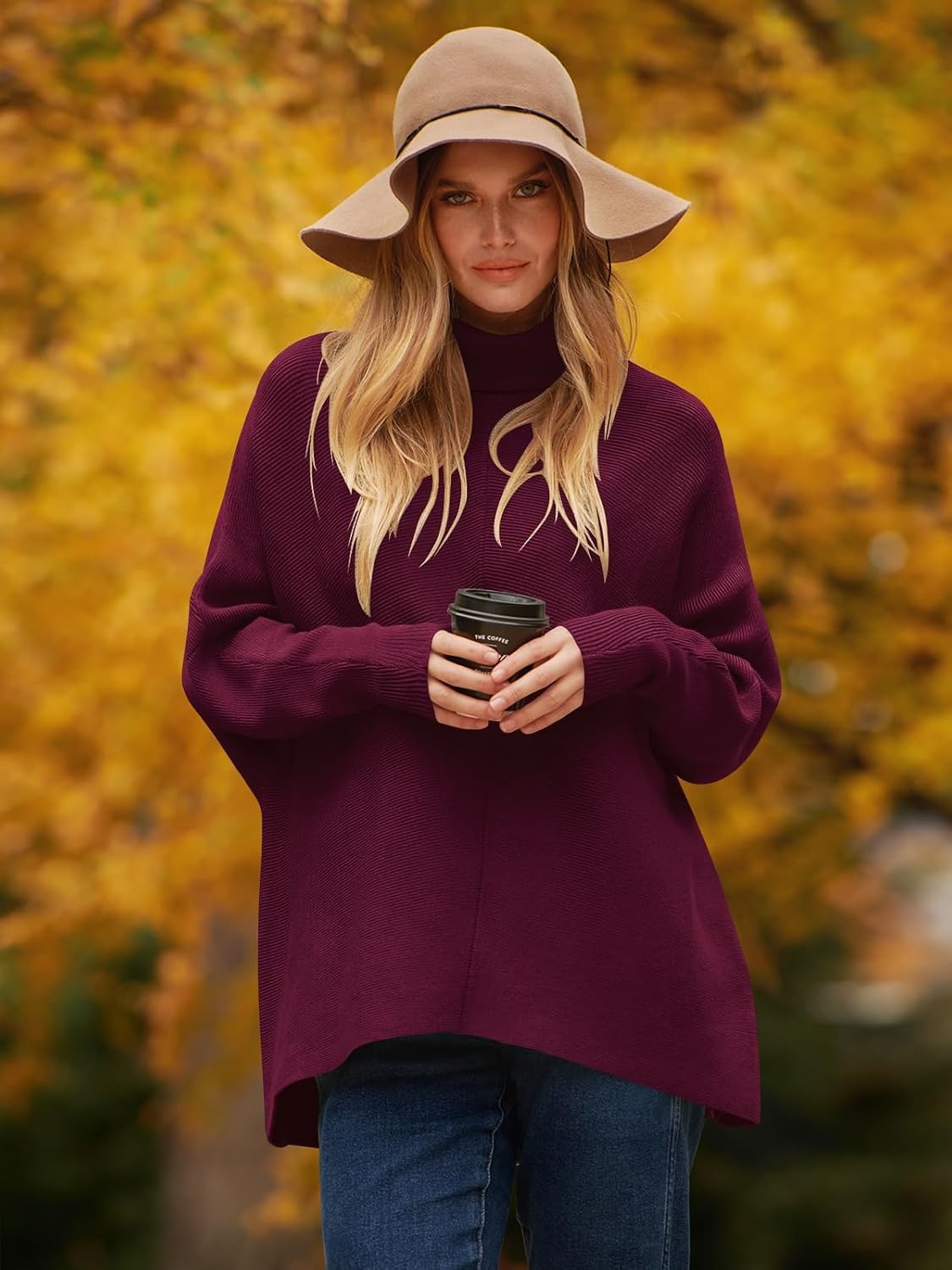 image:imageANRABESS Women Oversized Turtleneck Sweater Batwing Tunic Tops Fall OutfitsWine Red