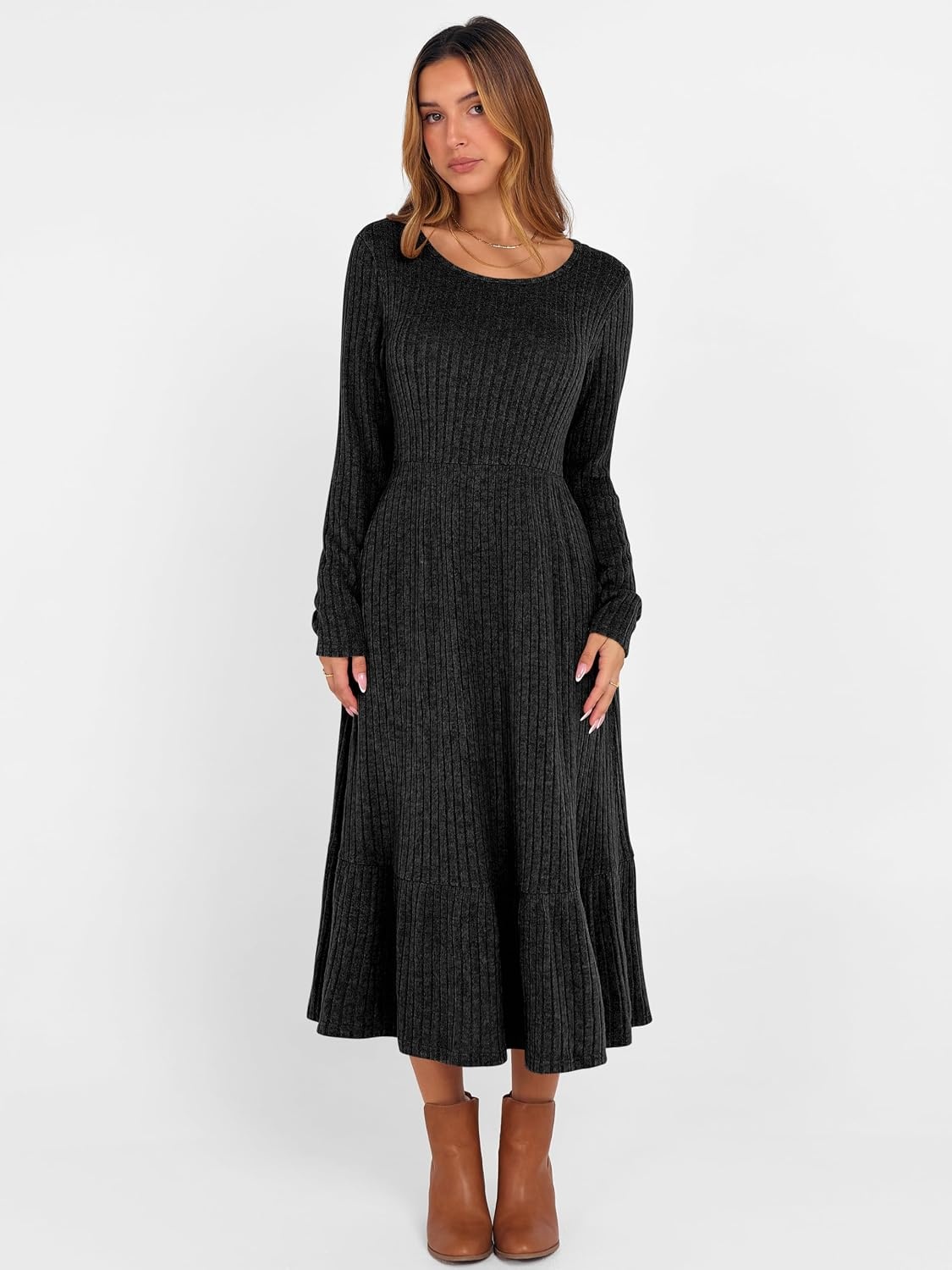 image:imageANRABESS Womens Fall Long Sleeve Midi DressBlack