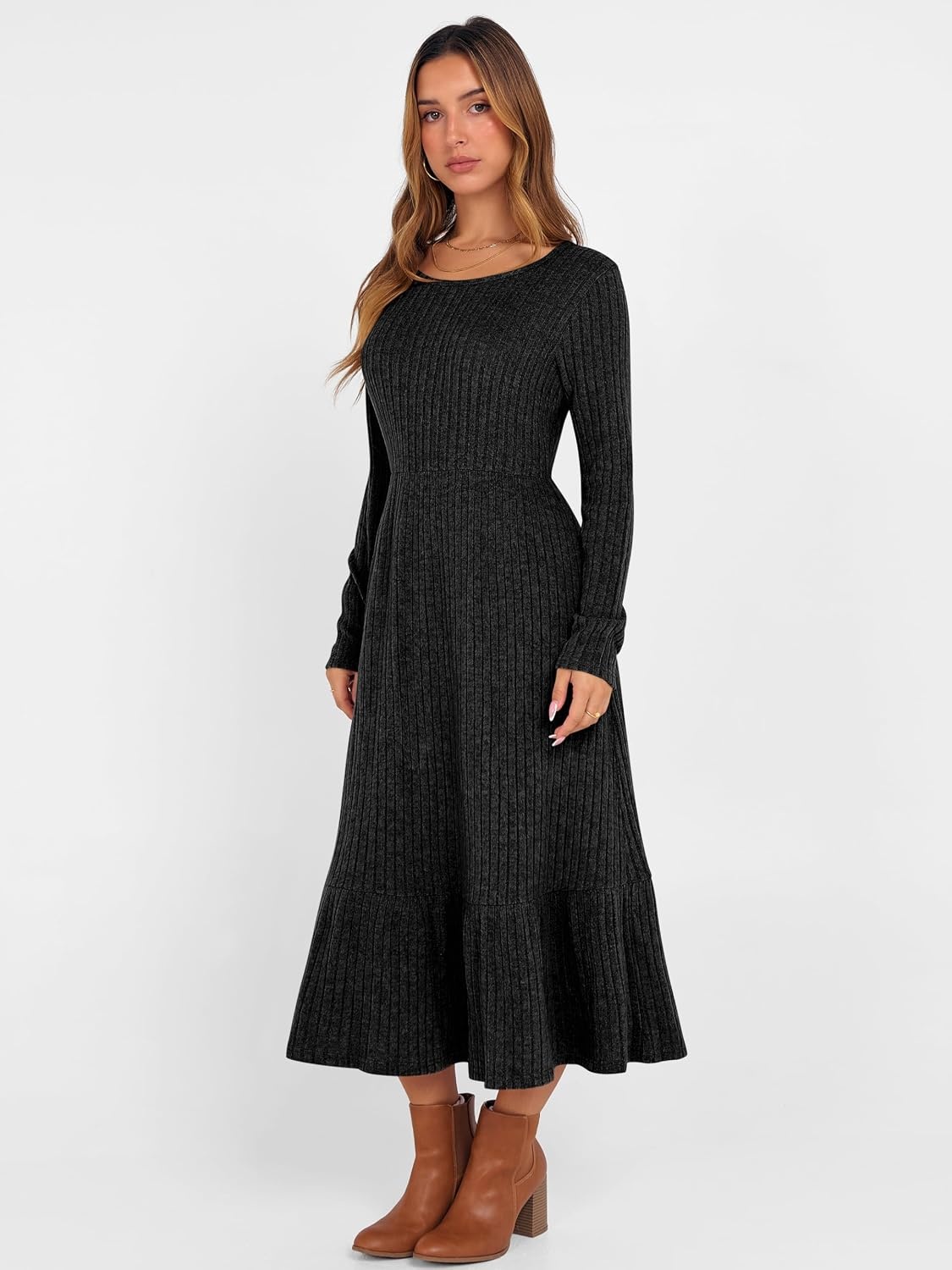 image:imageANRABESS Womens Fall Long Sleeve Midi DressBlack