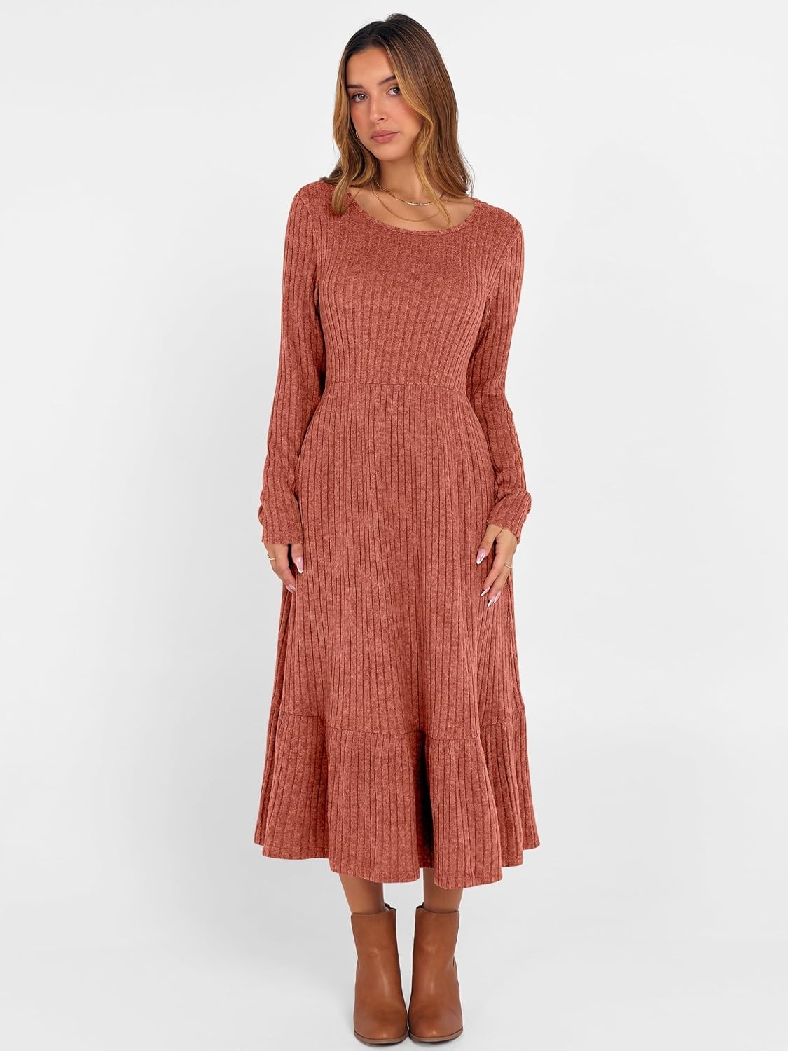image:imageANRABESS Womens Fall Long Sleeve Midi DressBurnt Orange