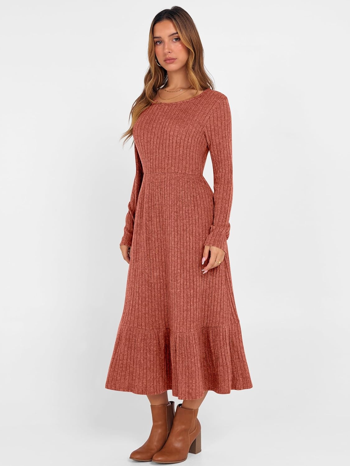 image:imageANRABESS Womens Fall Long Sleeve Midi DressBurnt Orange