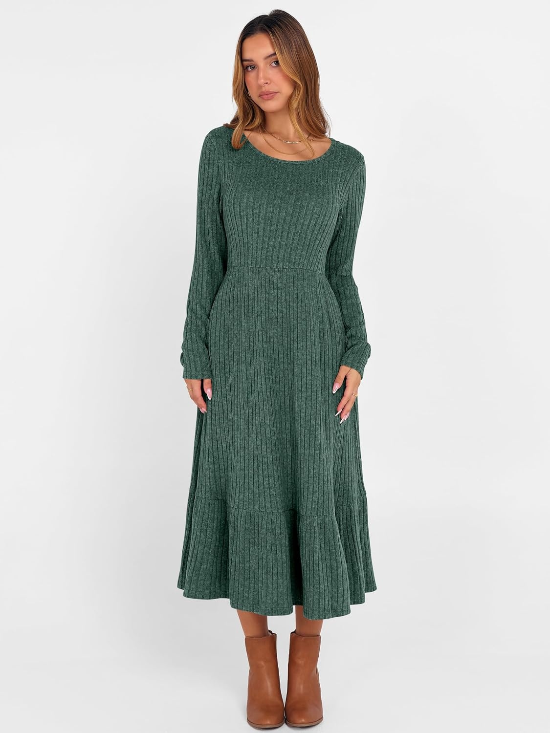 image:imageANRABESS Womens Fall Long Sleeve Midi DressGreen
